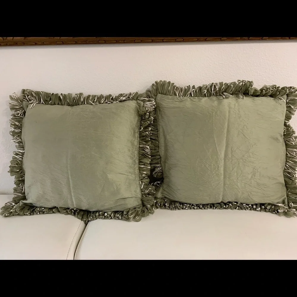 Green Fringed Throw Pillows